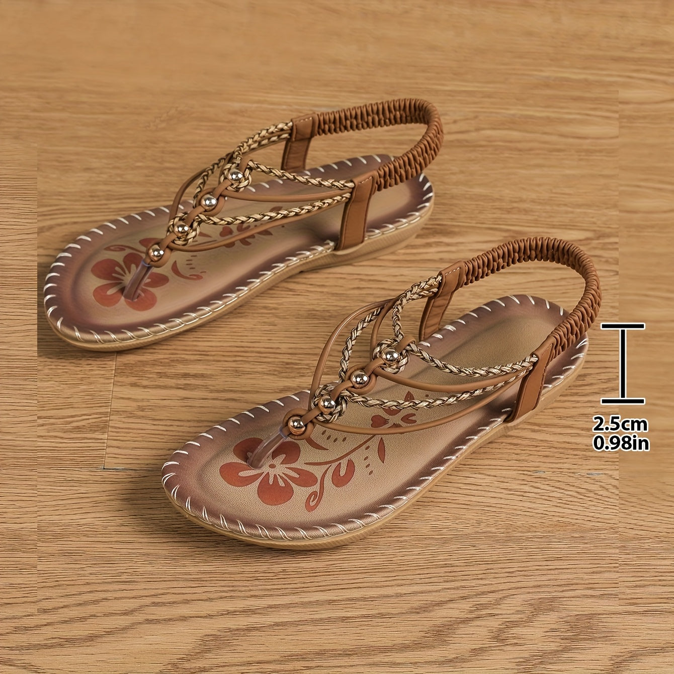 Women's Boho Flat Sandals Rhinestone Floral Open Toe Strappy Summer Brown