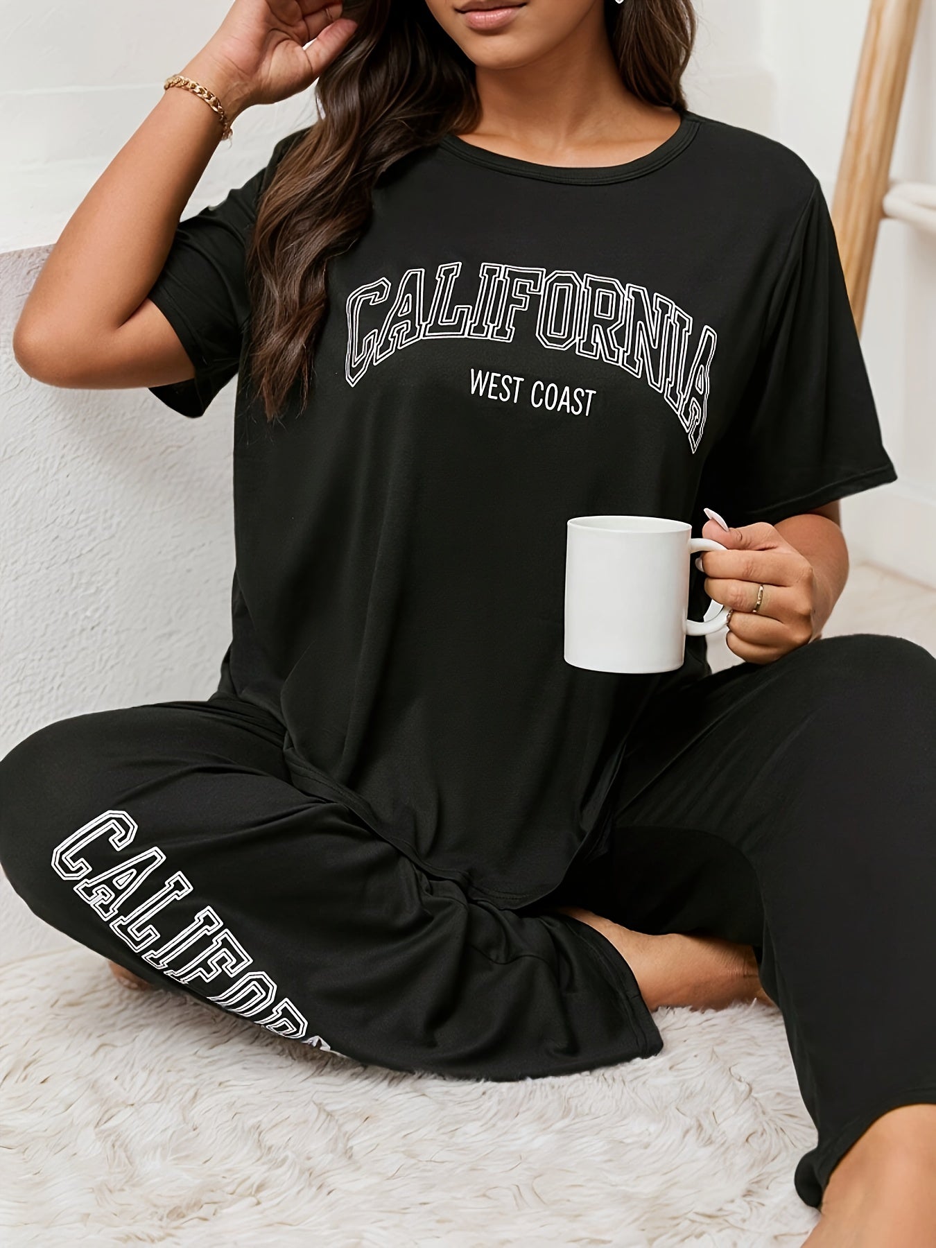 Women's Plus Size Lounge Set Black Letter Print Short Sleeve Pajama Top and Pants