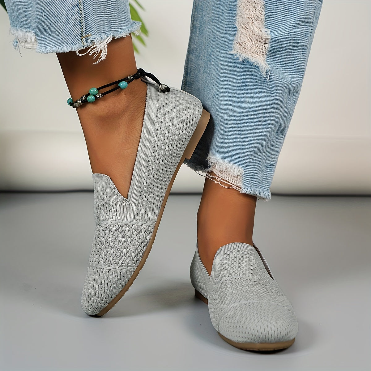 Pink Women's Breathable Knit Flat Shoes Slip-On with Round Toe