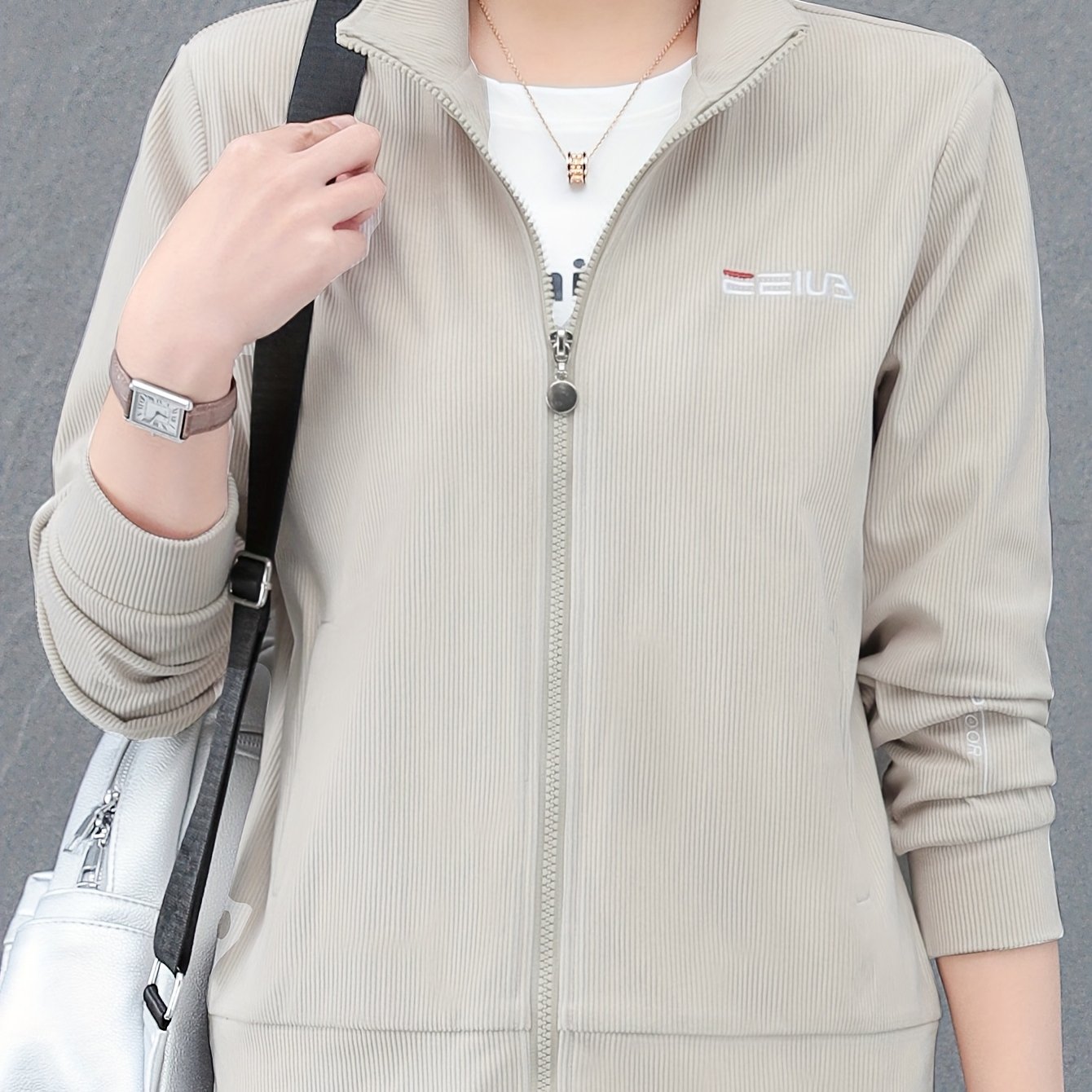 Women's Plus Size Olive Green Corduroy Jacket Casual Zip-Up Outerwear