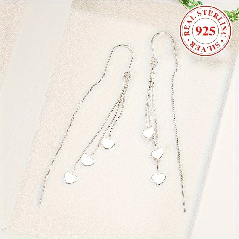 Sterling Silver Heart Chain Tassel Dangle Earrings for Women