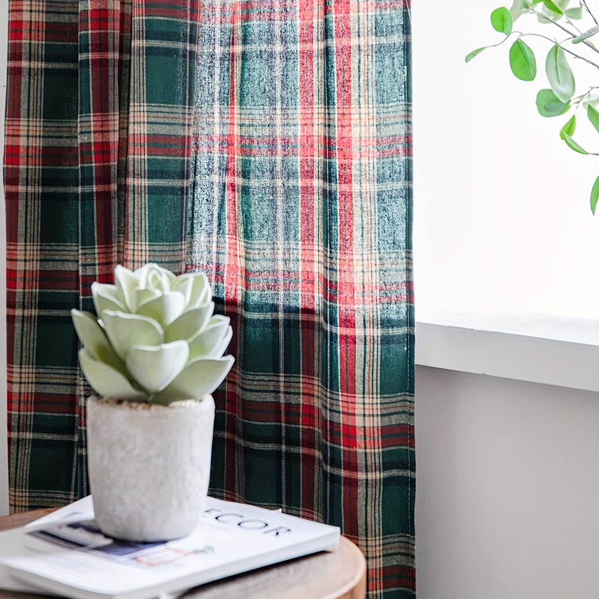 Green Plaid Christmas Curtain with Invisible Rod for Bedroom Balcony Living Room