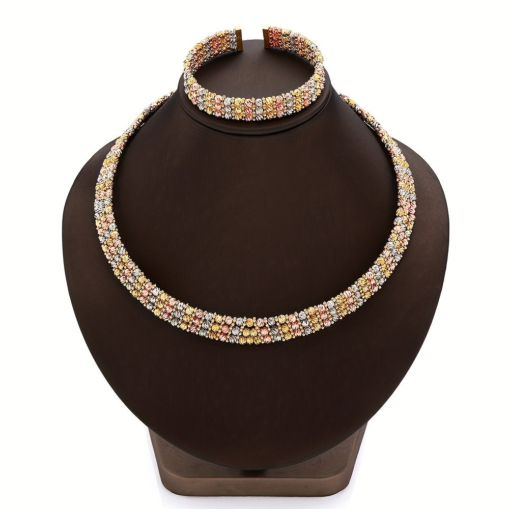 Qoʻlda tayyorlangan bangle toʻplami, 4 qatorli, 2024-yil uchun zamonaviy dizayn, 3 rangda mavjud - Kundalik kiyimlar va toʻylar uchun ideal. Oltin qoplangan mis asosidan tayyorlangan, toshlarsiz. Eid al-Fitr bayramlari va yil boʻyicha stil uchun mukammal.