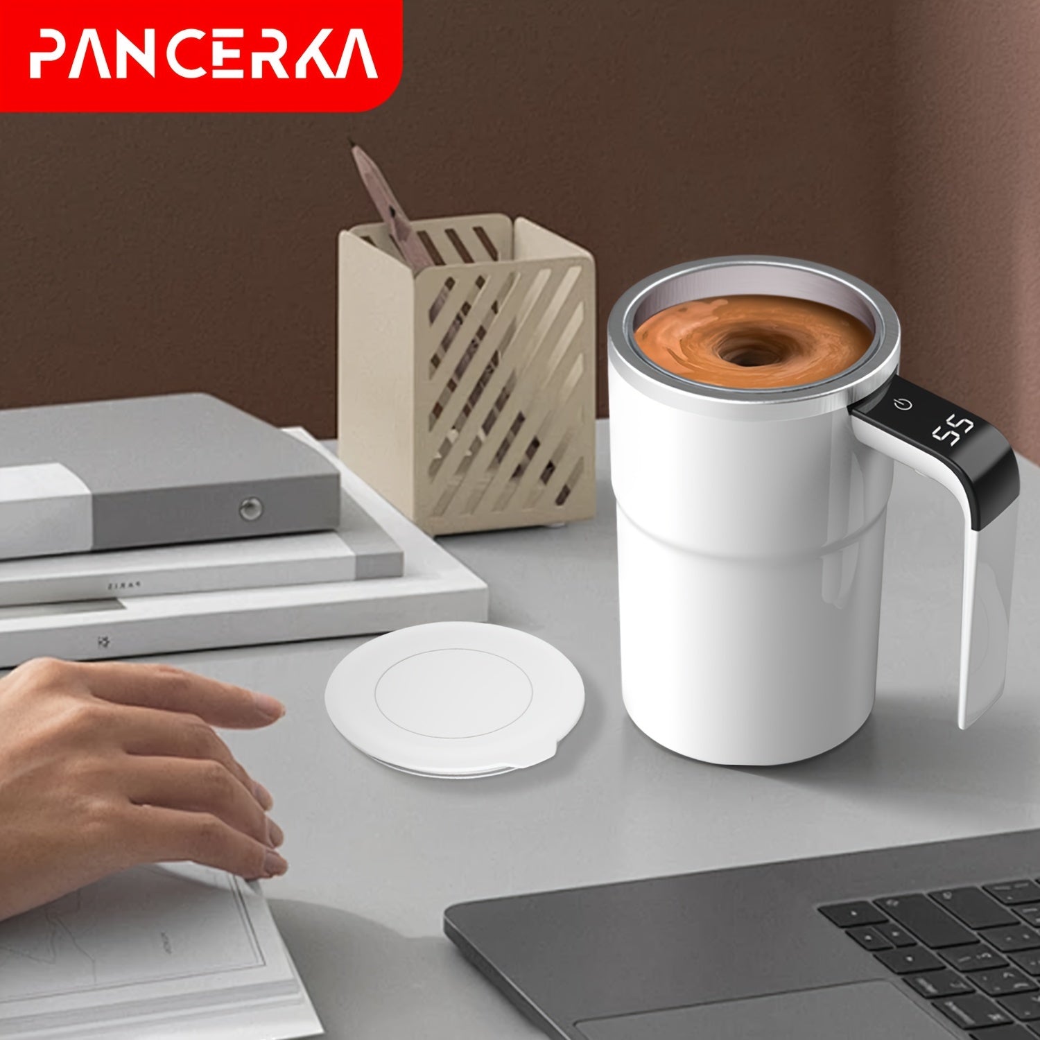 Auto Stirring Coffee Cup With Temperature Display White Travel Mug