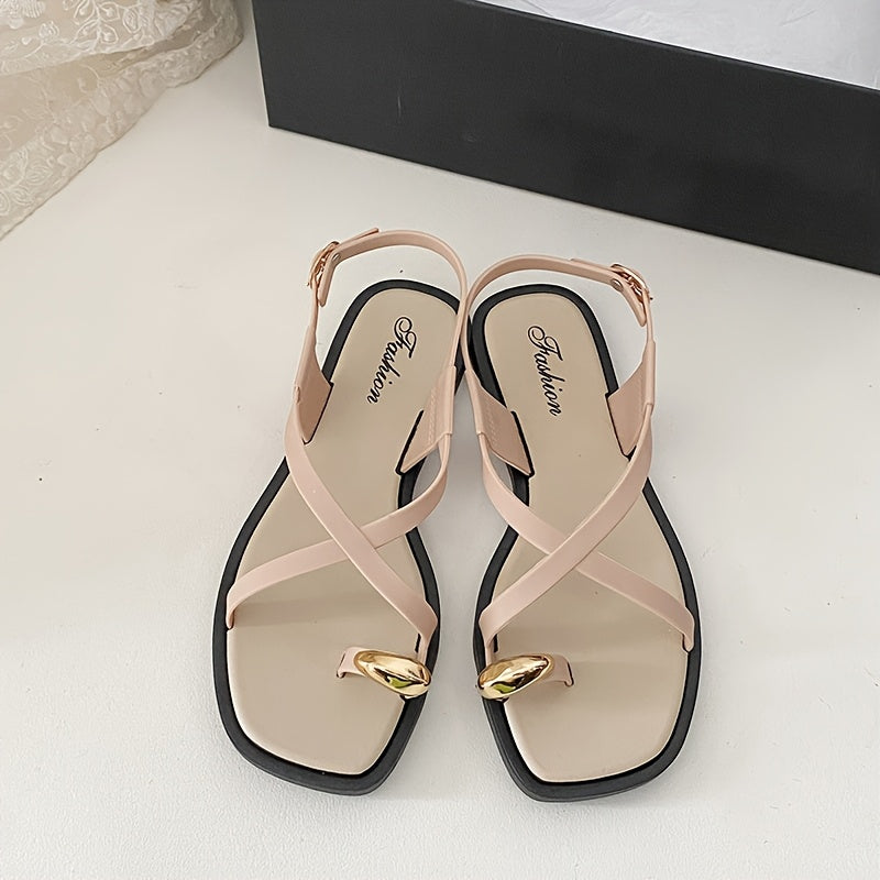 Women's Flat Sandals PVC Adjustable Buckle Beige Black Summer Shoes