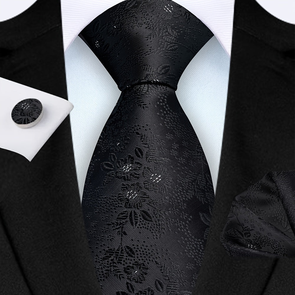 Men's 3-Piece Tie Set Floral Design Polyester Necktie Pocket Square Cufflinks for Weddings Business