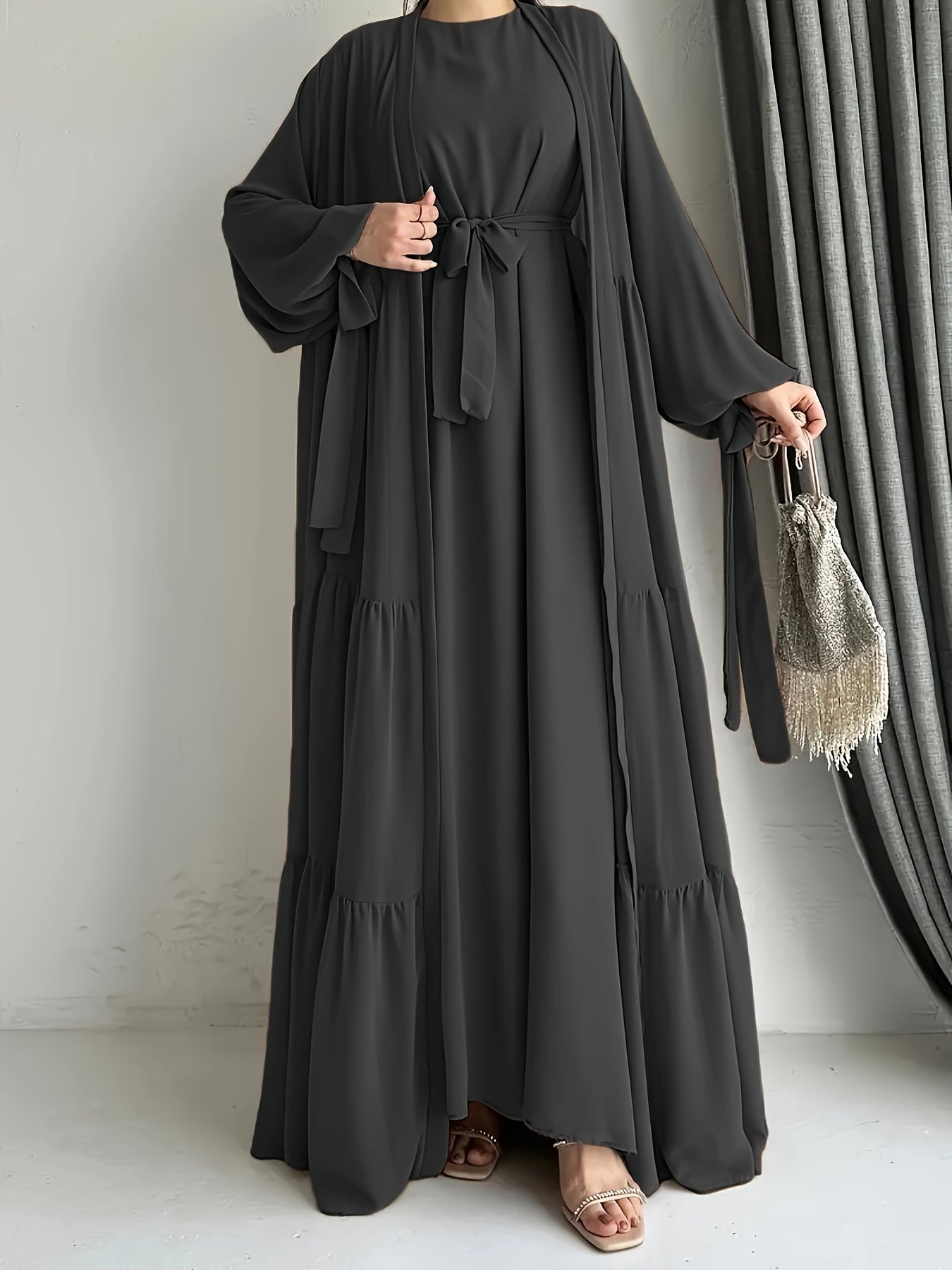 Chiffon Abaya with Lantern Sleeves Belt Ruffle Asymmetrical Hem for All Seasons
