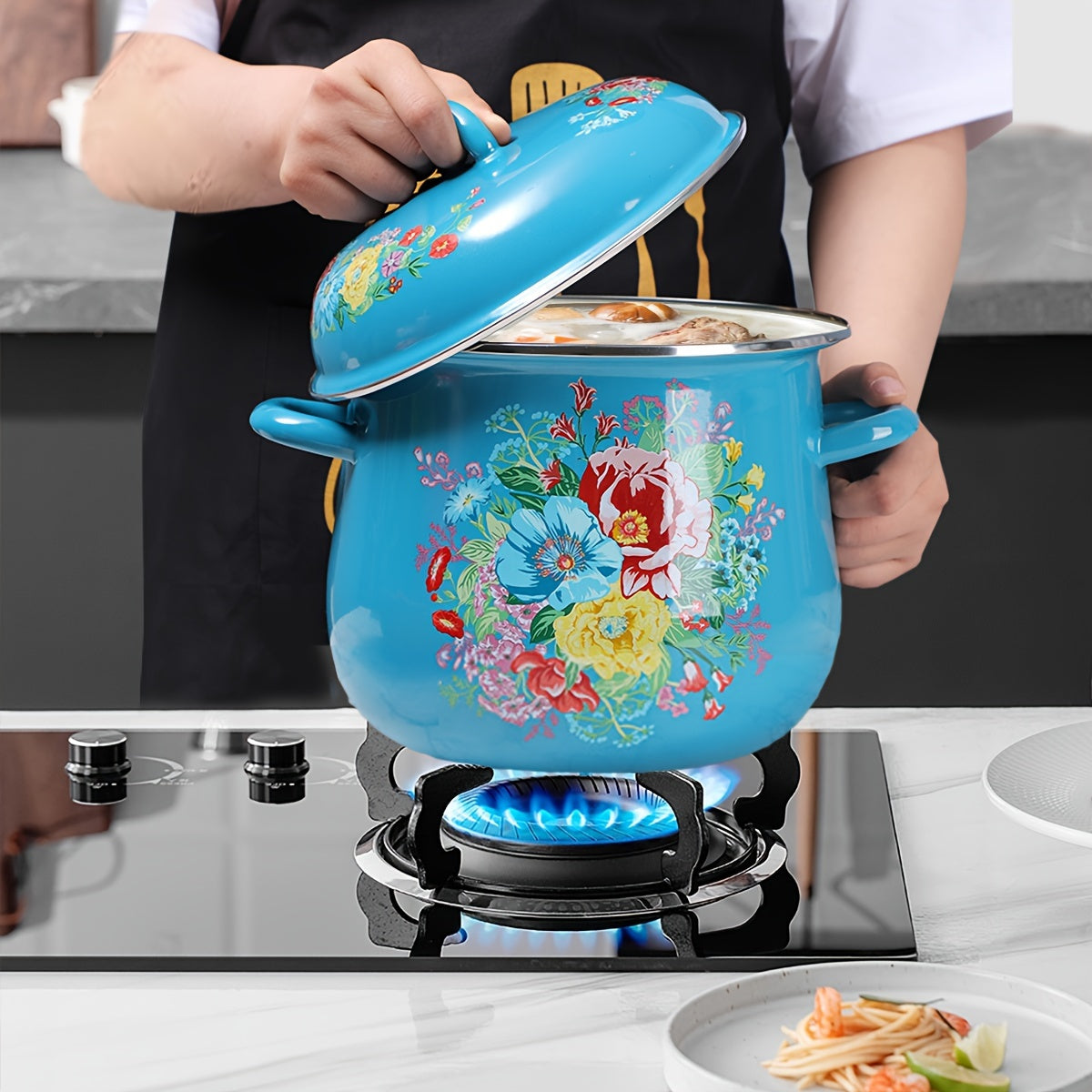 Katta Hajmli Emal Qoplamali Qozon Qopqoq bilan - 117.54oz Sos Qozon, Mustahkam va Tozalash Oson, Uyda yoki Tashqarida Gaz Plitasi Bilan Pishirish Uchun Ideal, Elektr Energiya Talab Qilmaydi