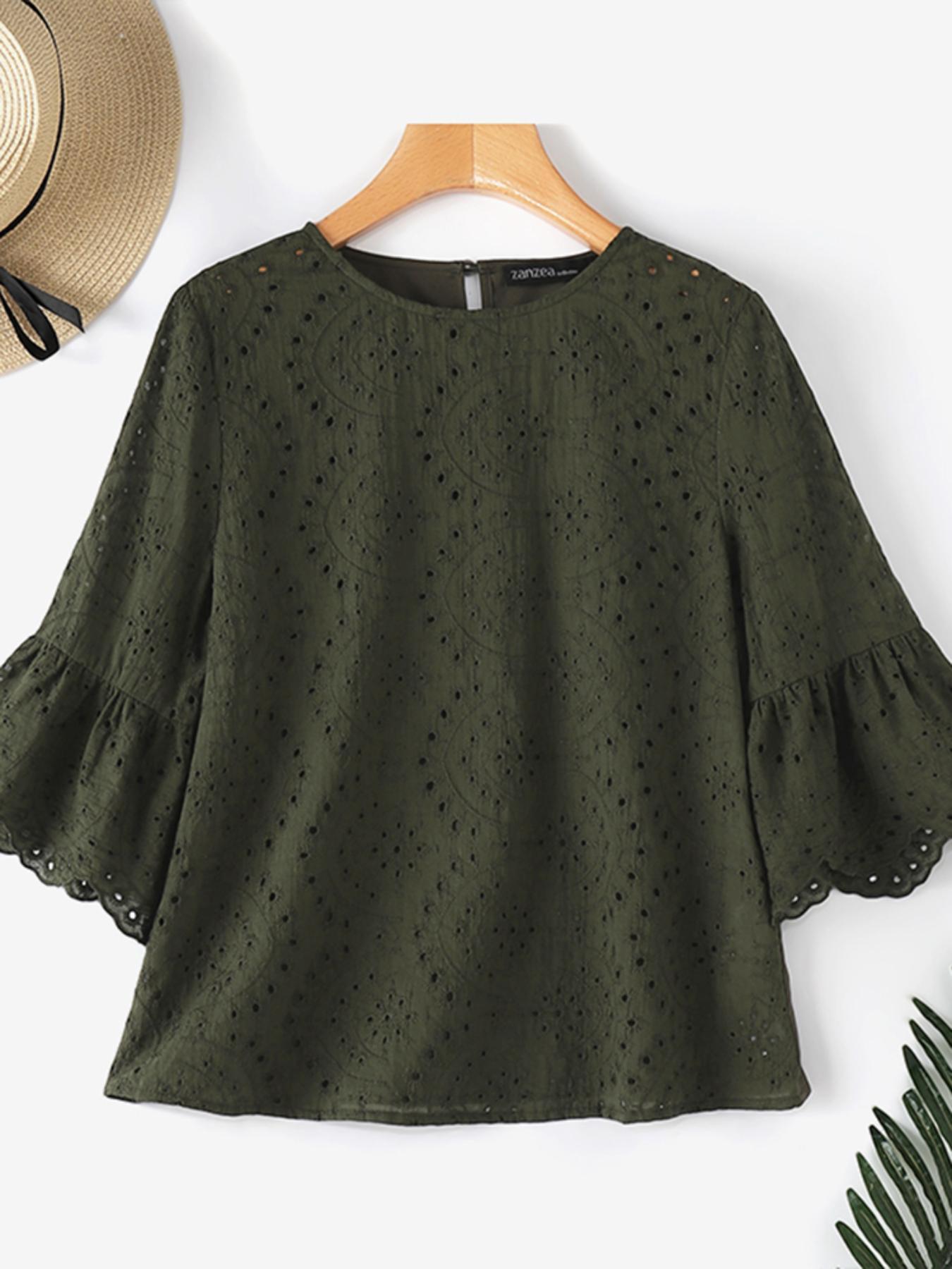 Plus Size Women's Casual Cotton Blouse with Eyelet Embroidery and Flared Sleeves