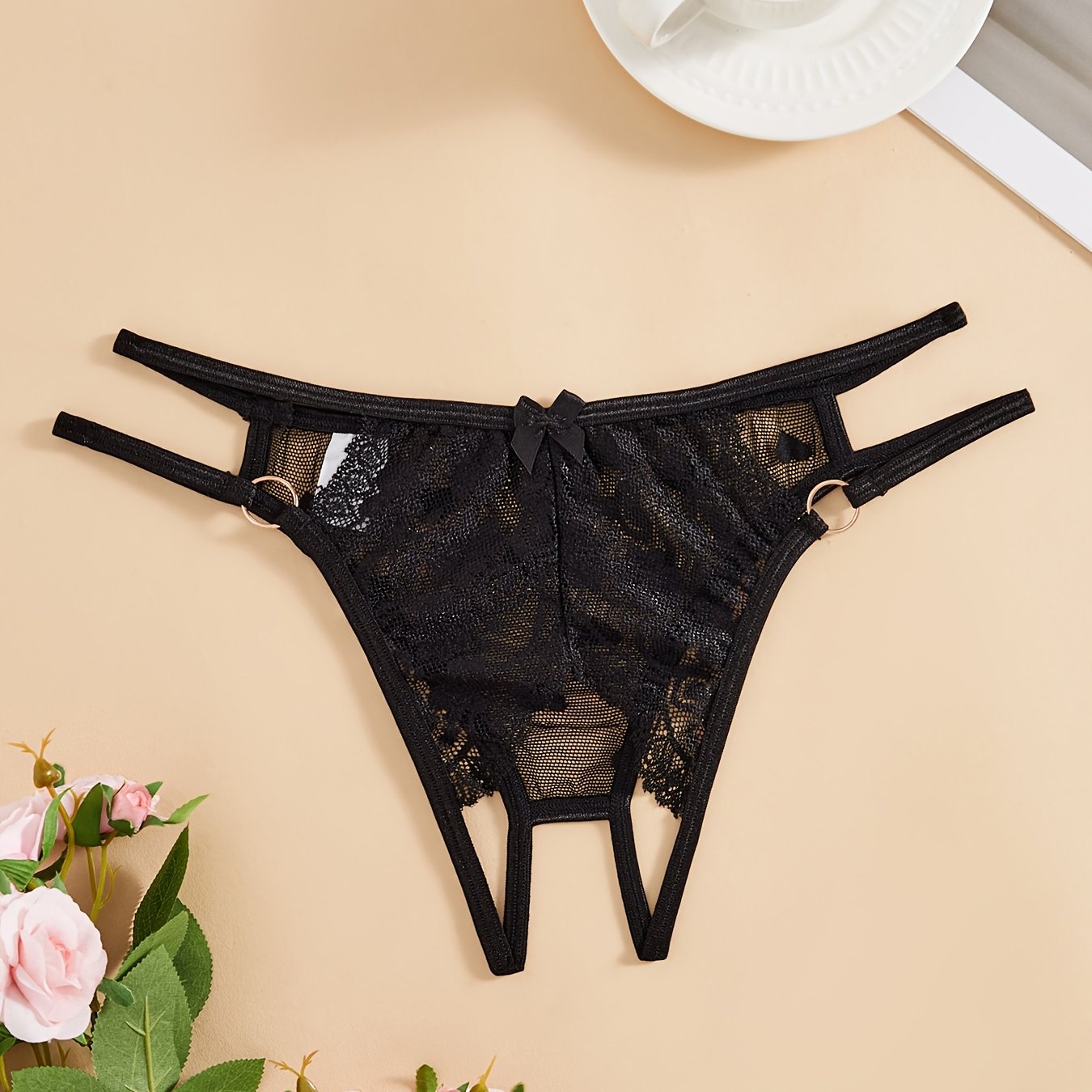 Panties de encaje sin entrepierna para mujer, ropa interior sexy en triángulo