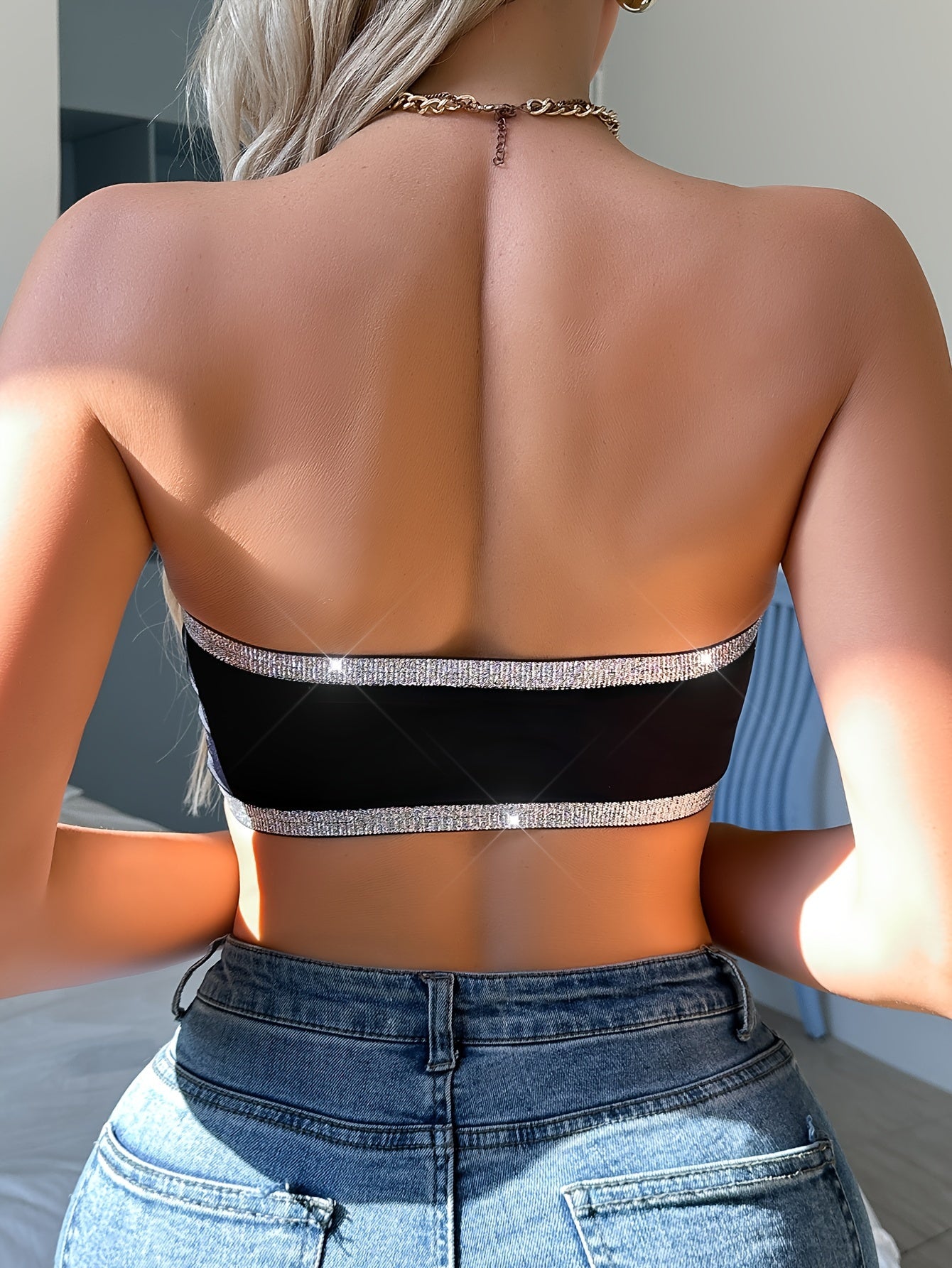 Women's Sparkly Bandeau Top with Wireless Front Closure and Push-Up Bra