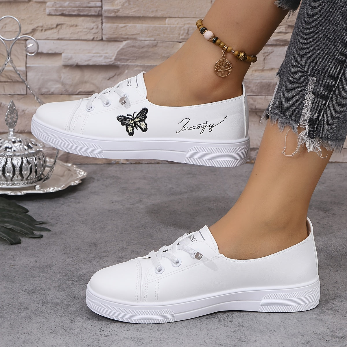 Women's Butterfly Embroidered Casual Sneakers White Lightweight Low Tops