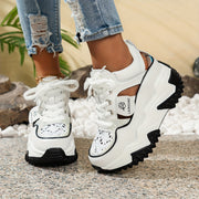 Women's Solid Color Lace-Up Platform Sneakers Breathable Low-Top Casual Shoes