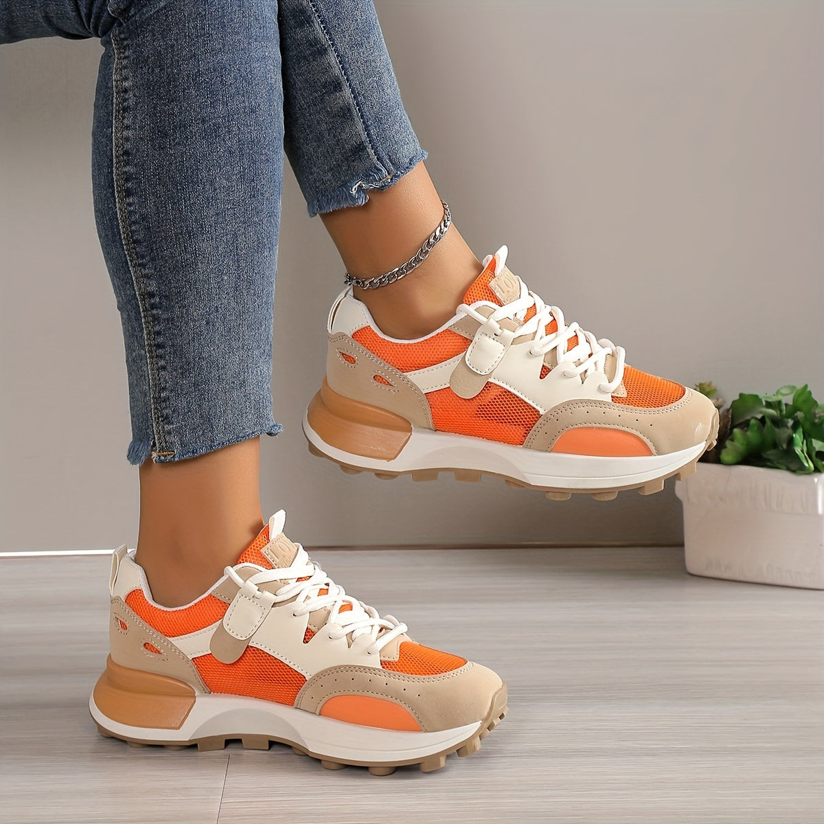Women’s Colorblock Casual Sneakers, Lace Up Low-Top Breathable Trainers