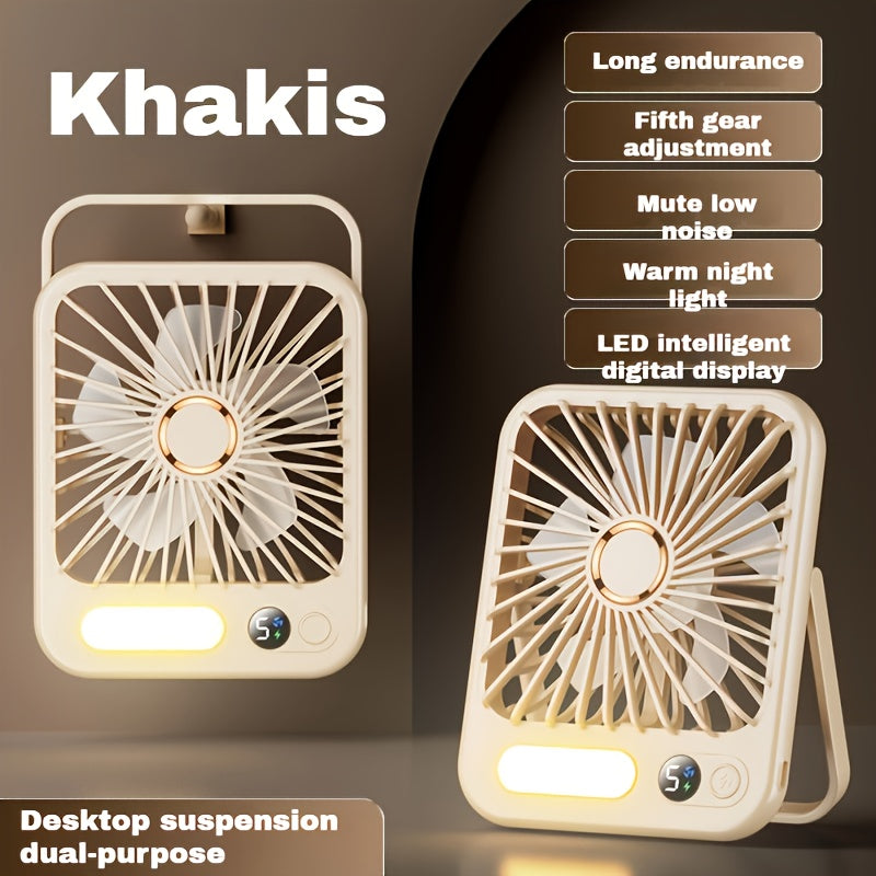 Портативный настольный вентилятор с элегантным белым дизайном, складной на 180°, 5 скоростей, перезаряжаемая батарея, светодиодная ночная лампа, цифровой дисплей - USB питание, долговечная литиевая батарея для дома, офиса, спальни, путешествий, кемпинга.