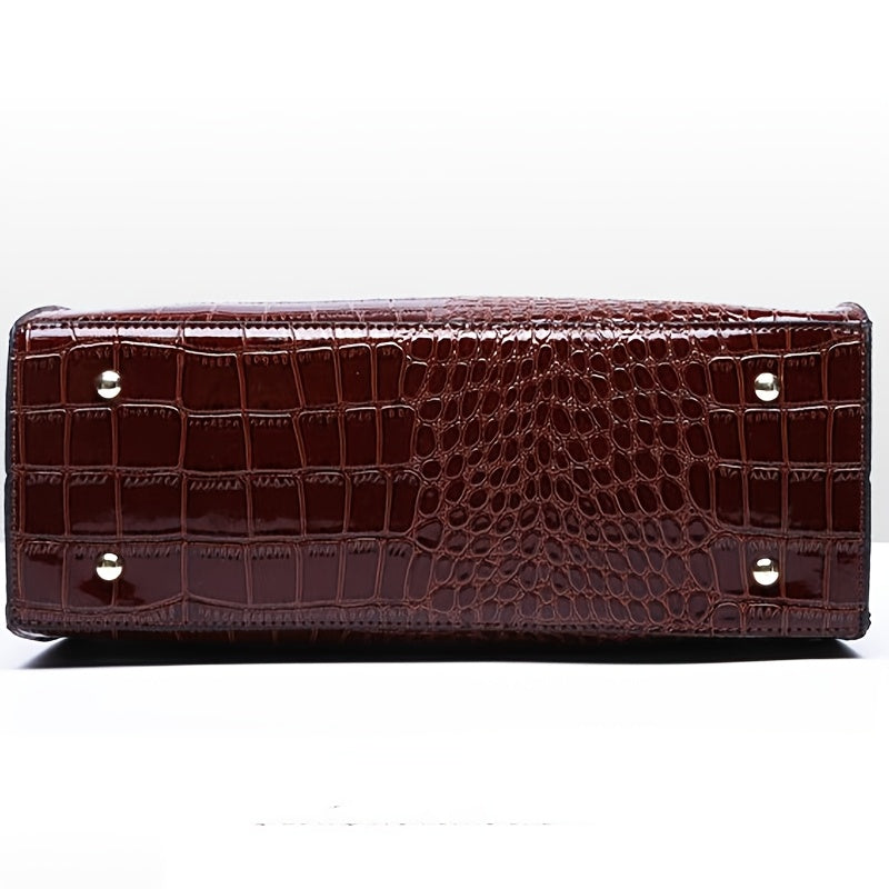 Crocodile Pattern Leather Handbag for Travel and Gifting Black Spacious Interior