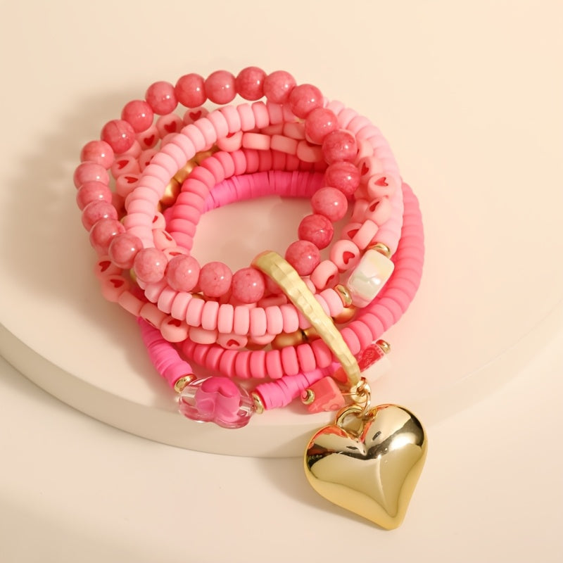 Pulsera de resina rosa bohemia con incrustaciones de corazón para mujeres