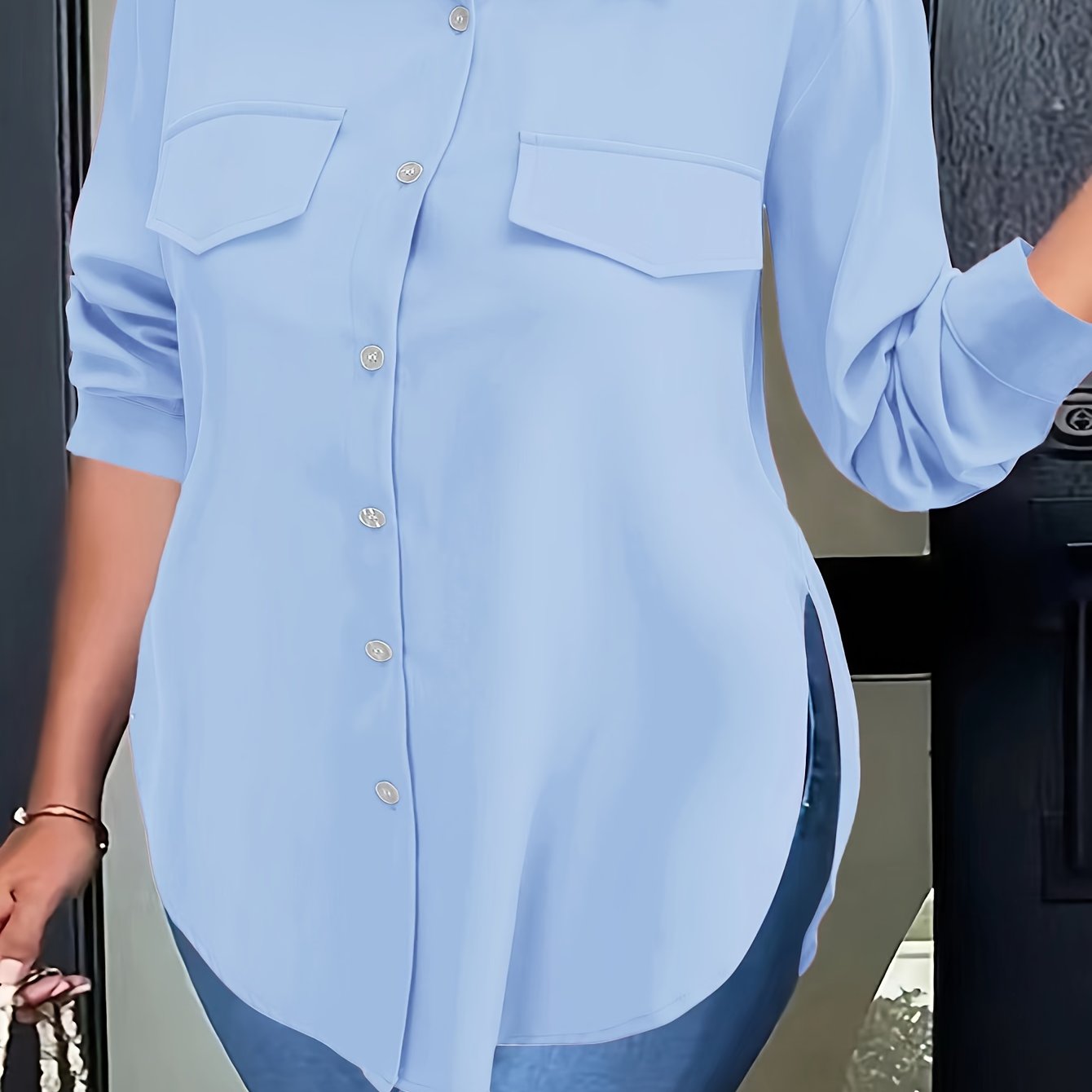 Plus Size Woven Polyester Blouse with Curved Hem, Button Front and Collared