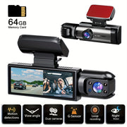 Cámara de salpicadero para coche con pantalla IPS de 3.16 pulgadas, grabación dual, 1080p y memoria de 64GB