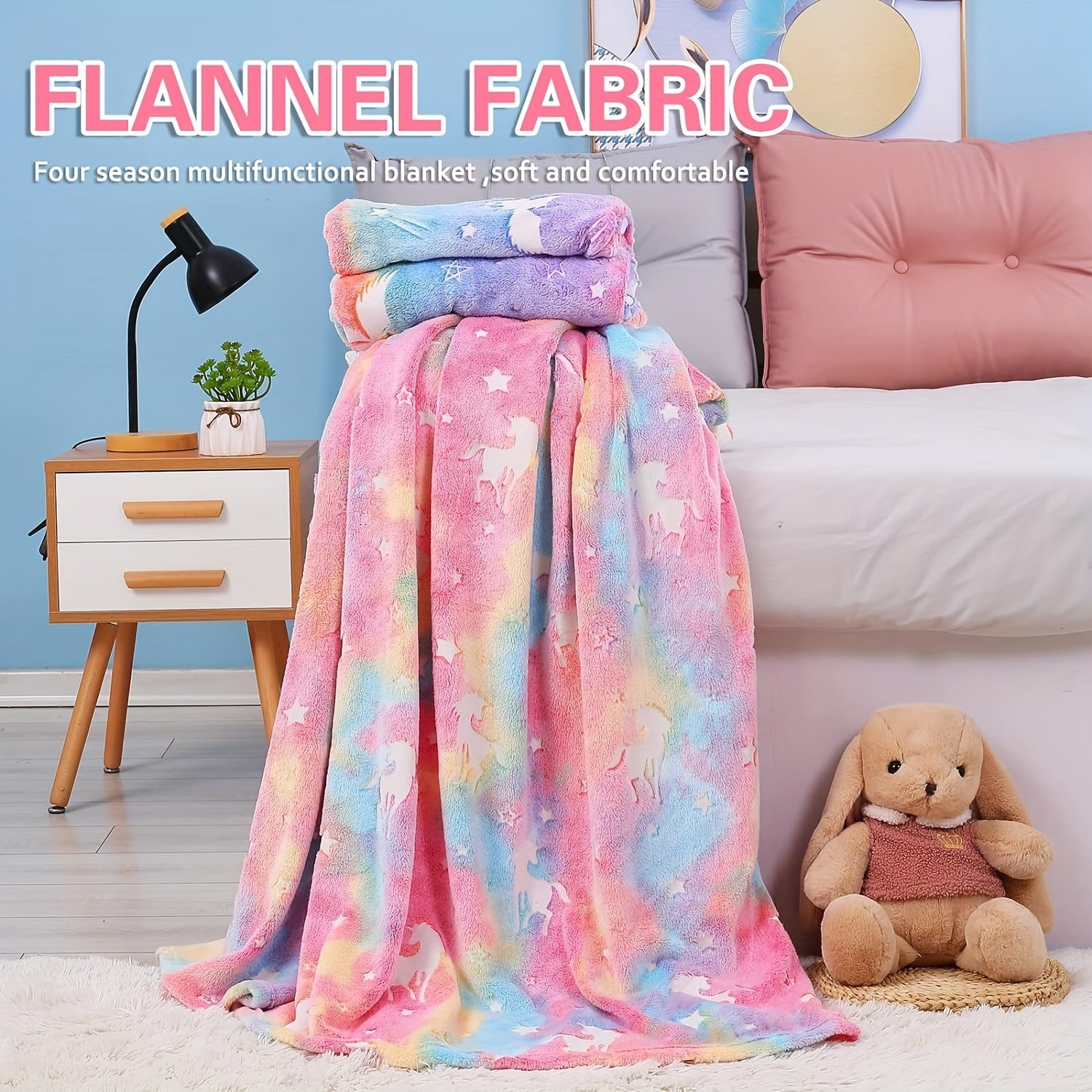Bolalar uchun Unicorn Glow in the Dark Throw Blanket, flanel, mo'rt, yorituvchi, anime, yotoq, divan, avtomobil, ofis