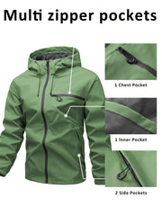 Men's Waterproof Windproof Hooded Jacket with Multi-Pockets Solid Color Outdoor Sports