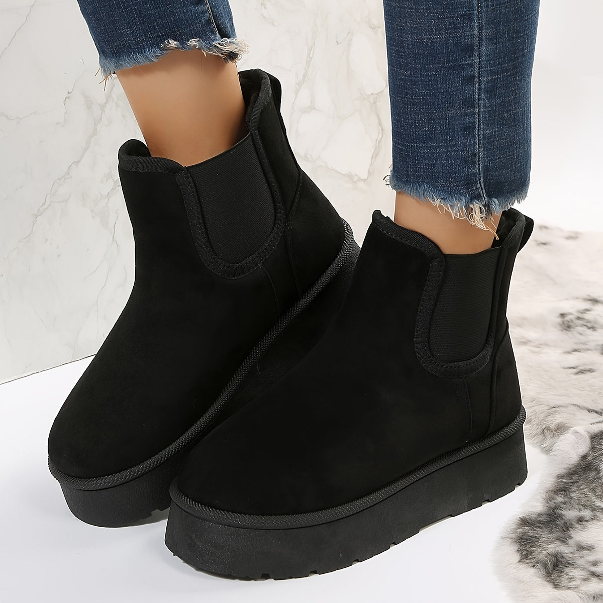 Women's Fleece-Lined Chunky Platform Ankle Boots Casual Winter Shoes