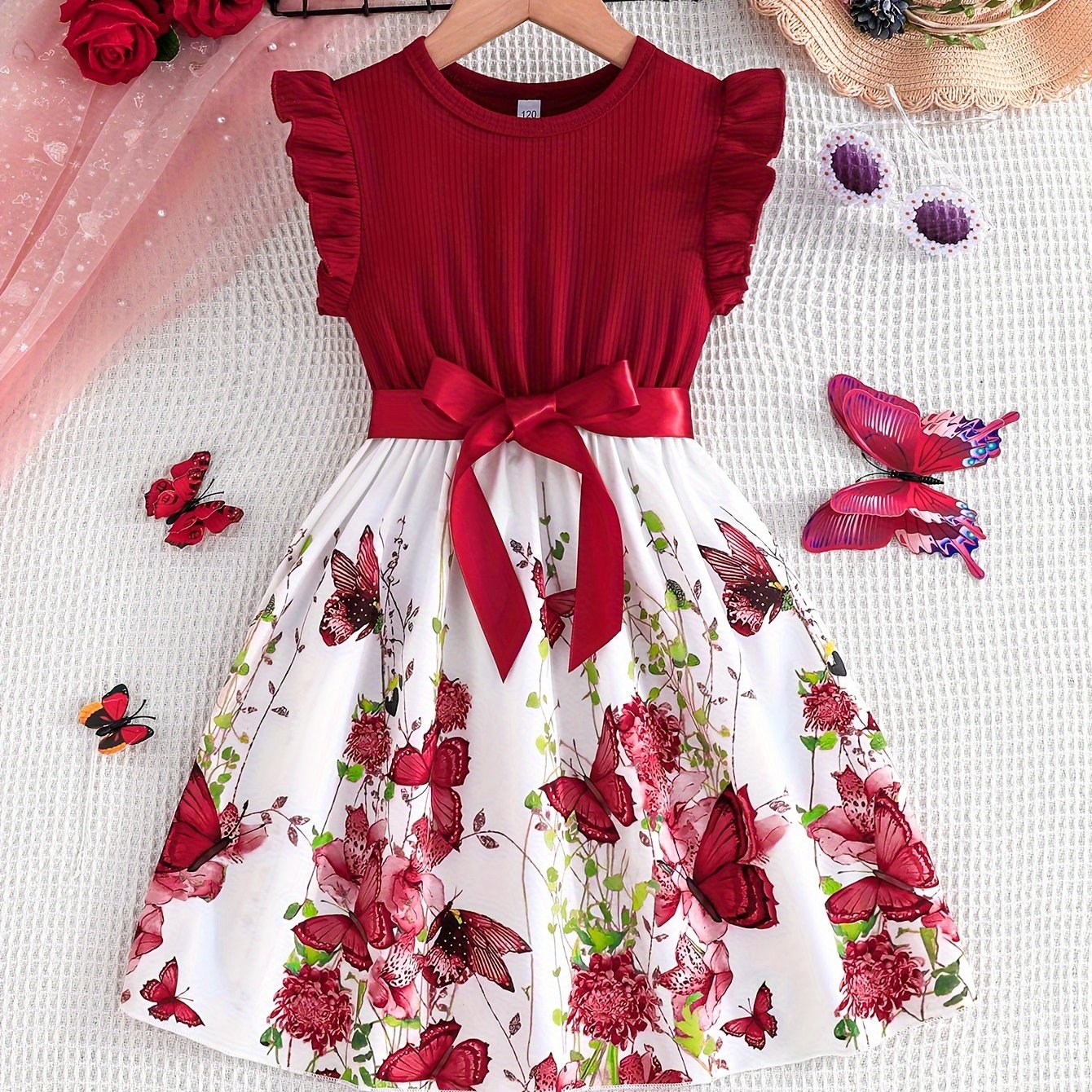 Girls Summer Butterfly Print Midi Dress Set with Belt and Ribbed Sleeves