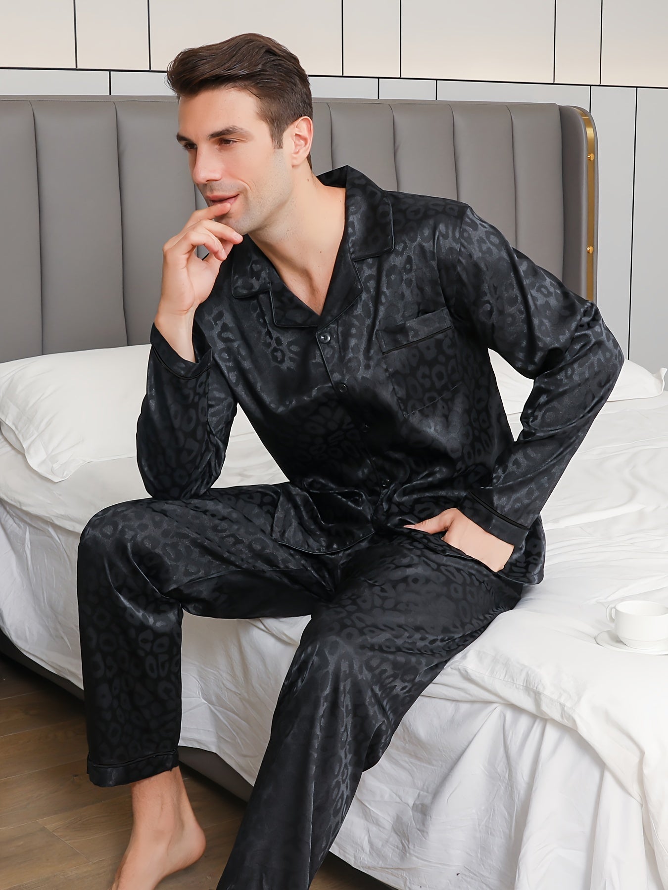 Men's Leopard Print Loungewear Set Long Sleeve Pajama Casual Spring Fall