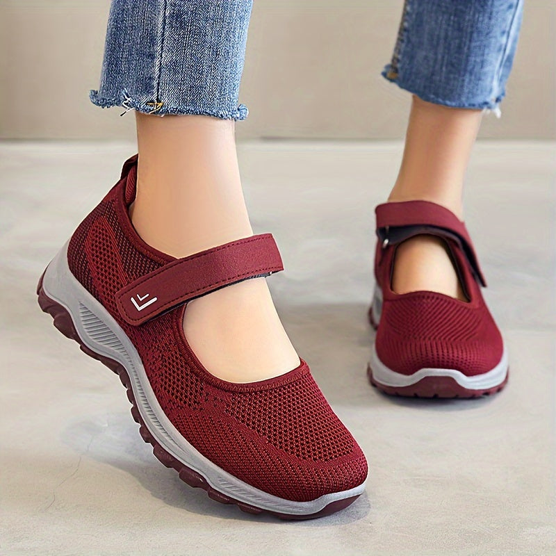 Women's Breathable Knit Sneakers Casual Low-Top Running Shoes with Hook-and-Loop