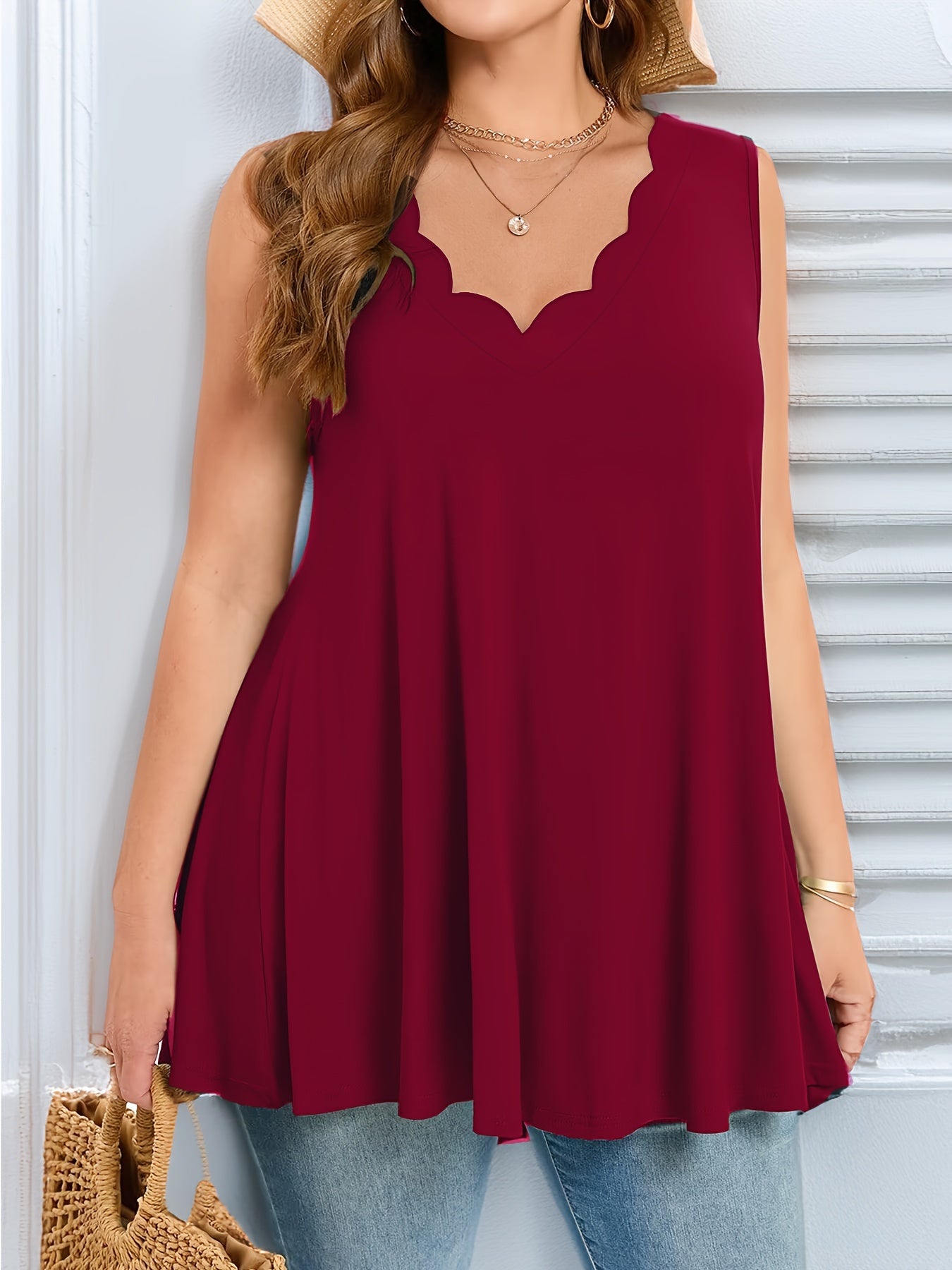 Plus Size Petal Neck Vest for Women Solid Color Cotton Sleeveless