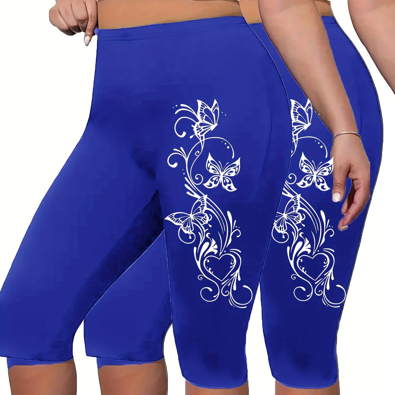 Plus Size Butterfly Print Capri Leggings High Waist Stretchy Spring Summer Women