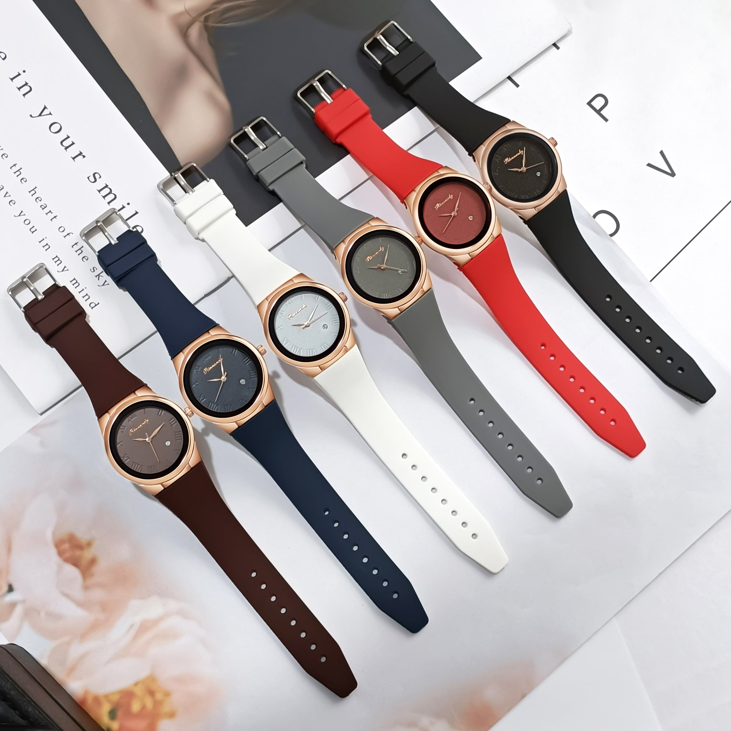 Women Quartz Watch with Silicone Band and Analog Calendar