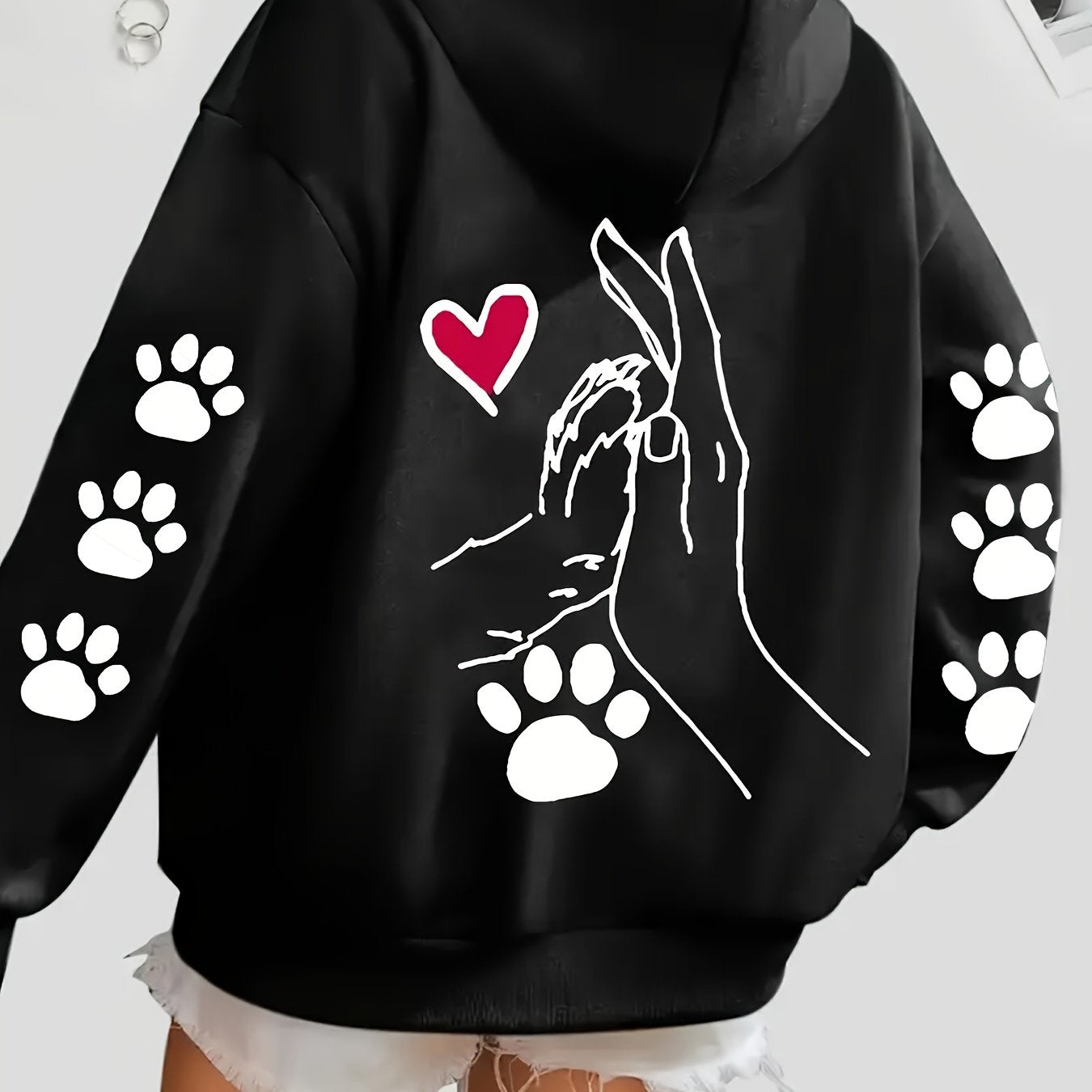 Women's Oversized Polyester Hoodie with Dog Paw Heart Graphic All-Season