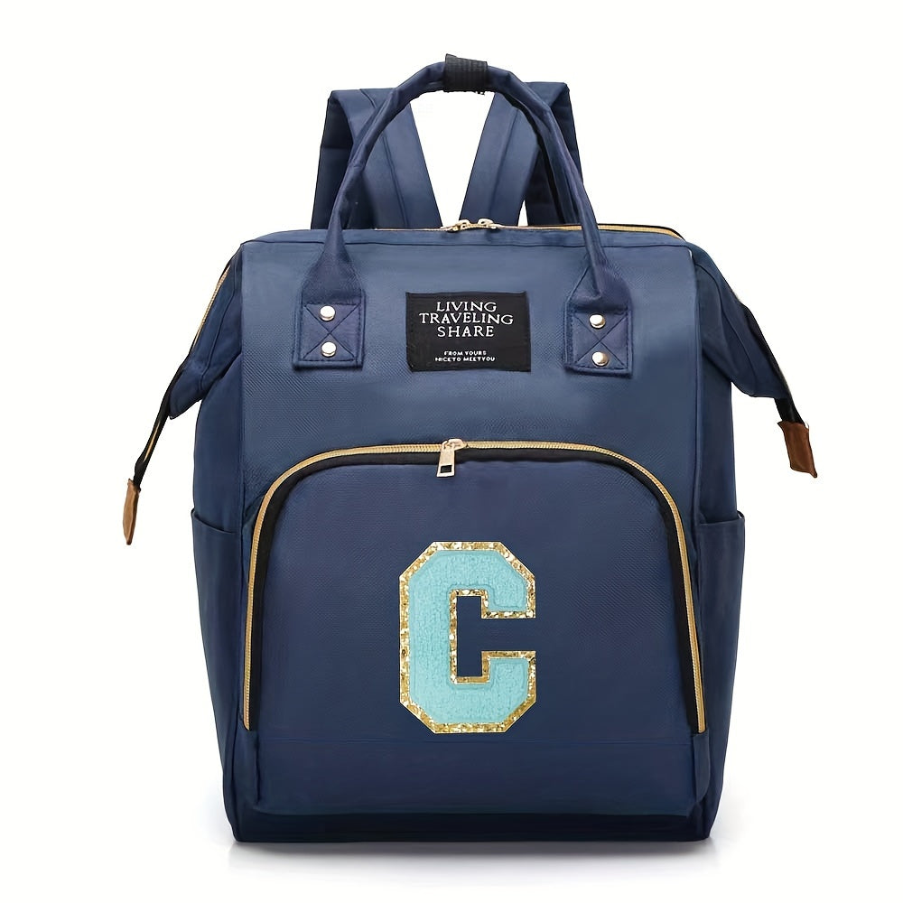 Blue Polyester Diaper Bag with Multiple Compartments and Bottle Holder