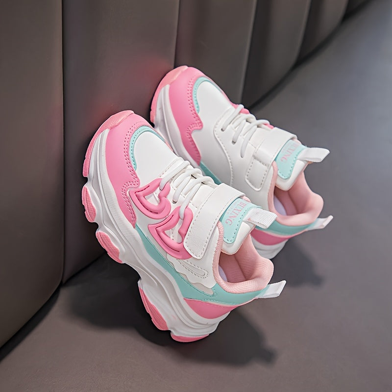 Girls' All-Season Fashion Sneakers with Heart Pattern, Color Block, Rubber Sole