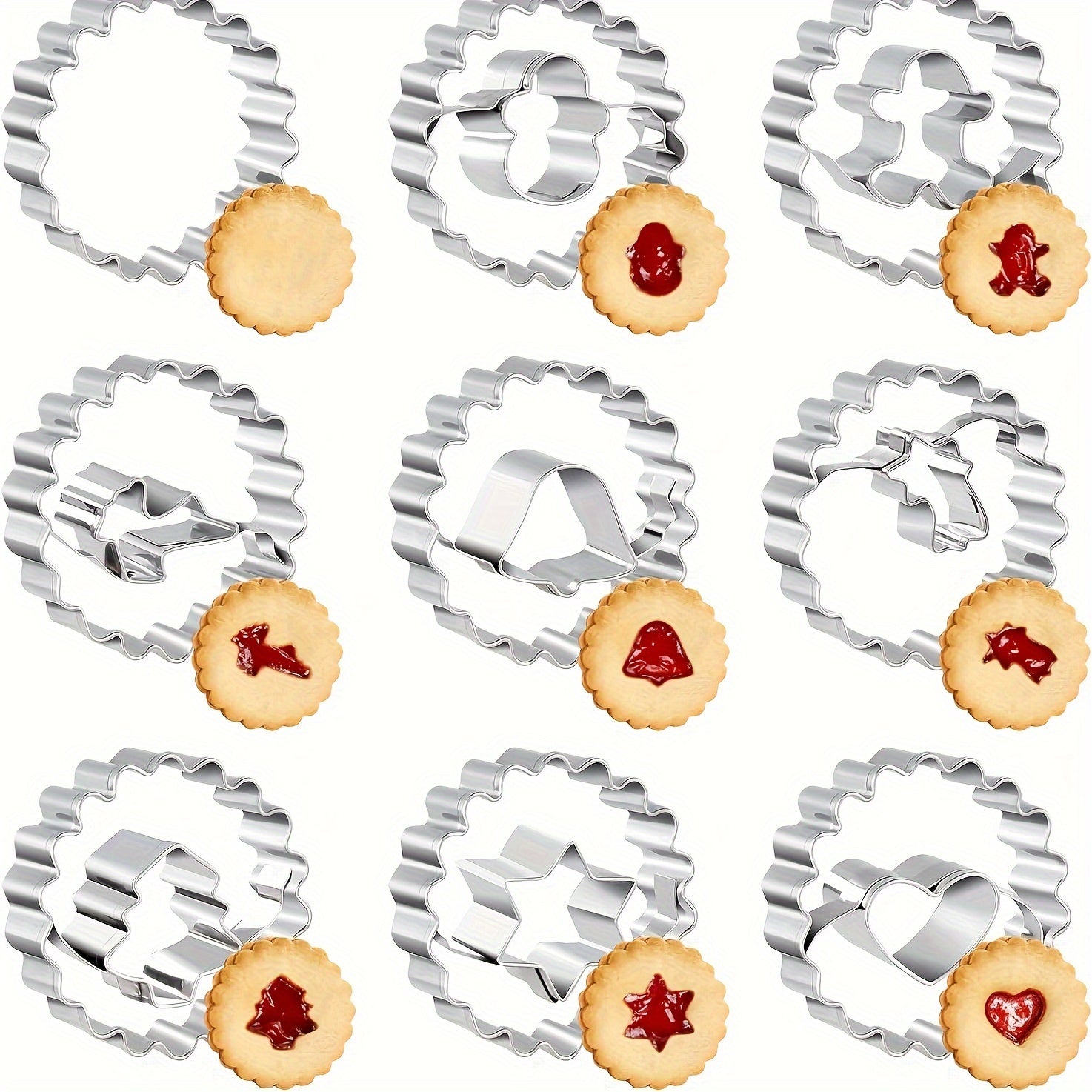 Set of 9 Stainless Steel Cookie Cutters with Jam Sandwich Molds for Christmas Holiday