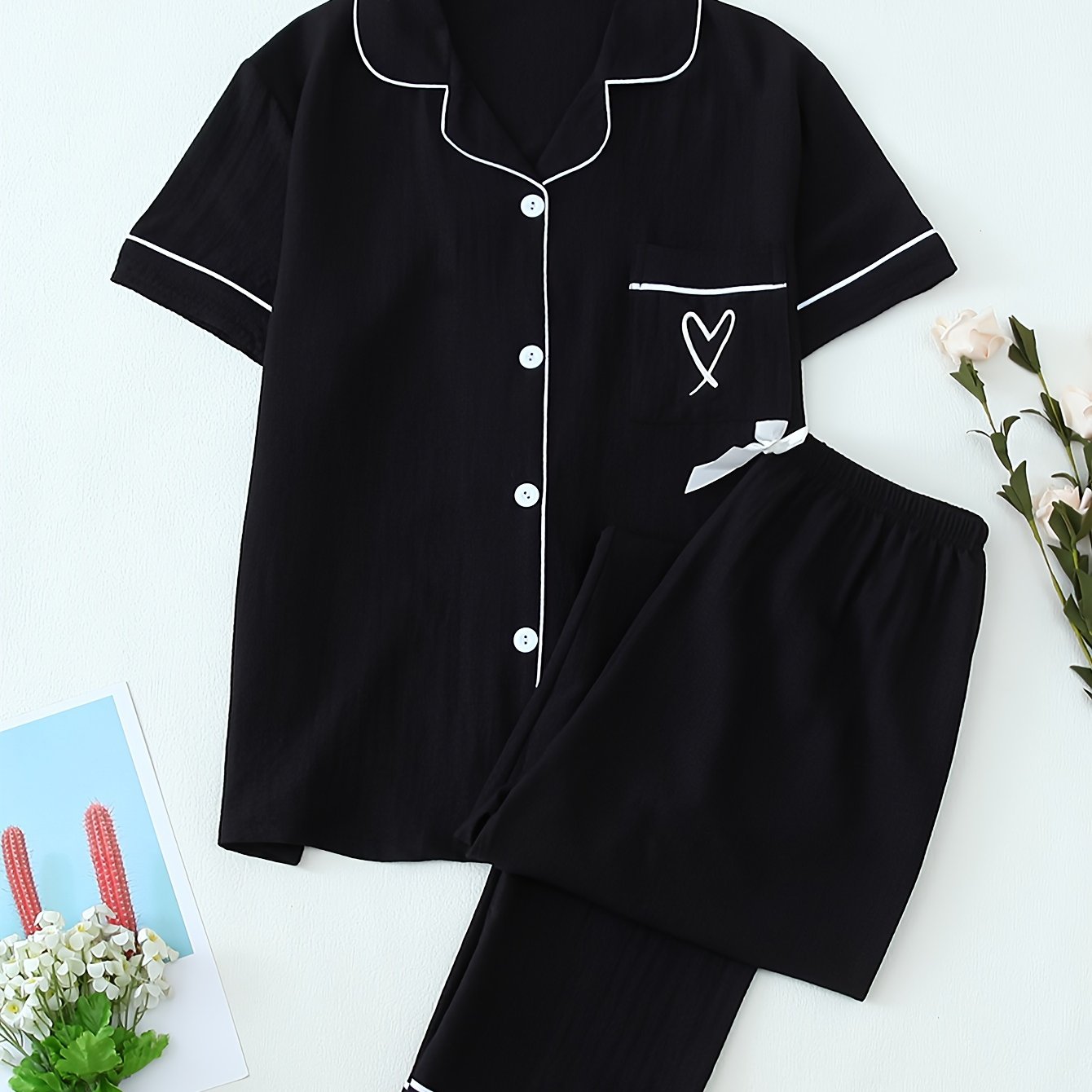 Women's Heart Embroidery Casual Pajama Set Short Sleeve Top and Long Pants