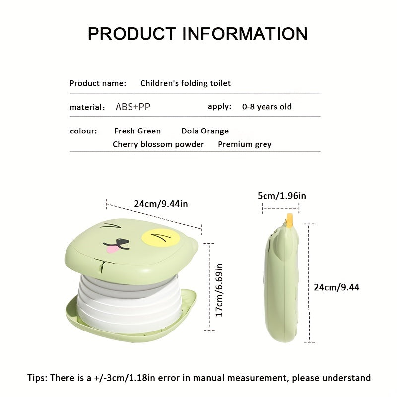Bolalar sayohat tualeti, favqulodda vaziyatlar va o'qitish maqsadlari uchun mos keladigan, qizlar va o'g'il bolalar uchun ham mos keladigan, portativ chaqaloq egiluvchan tualet o'rindig'i.