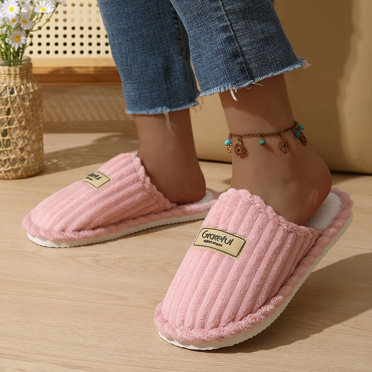 Women's Slip-On Slippers Vertical Stripe Soft Fabric Indoor Outdoor