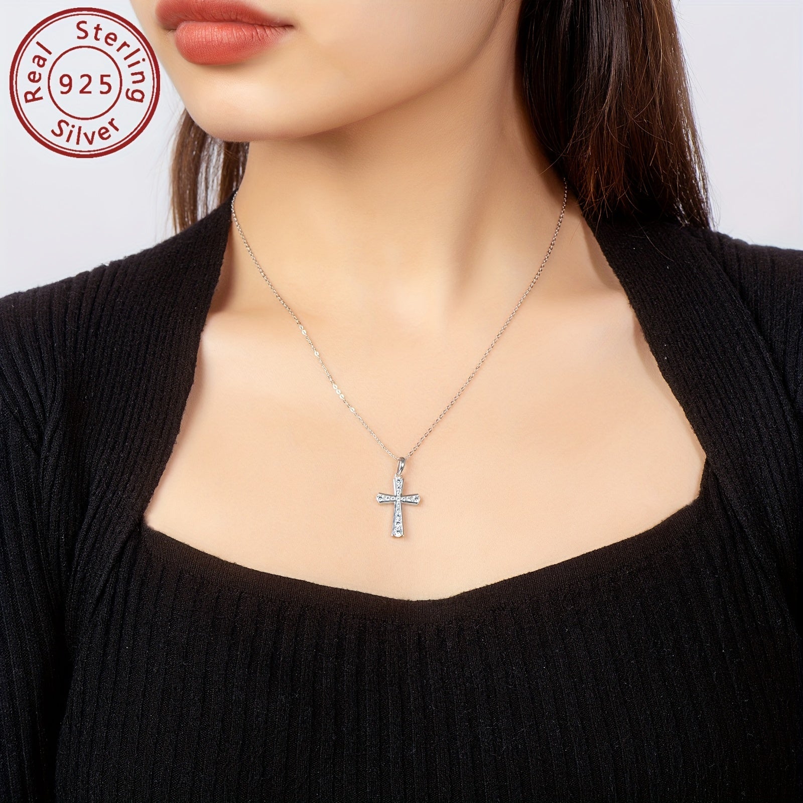 Sterling Silver Cross Pendant Necklace with Synthetic Zirconia Stones for Daily Wear