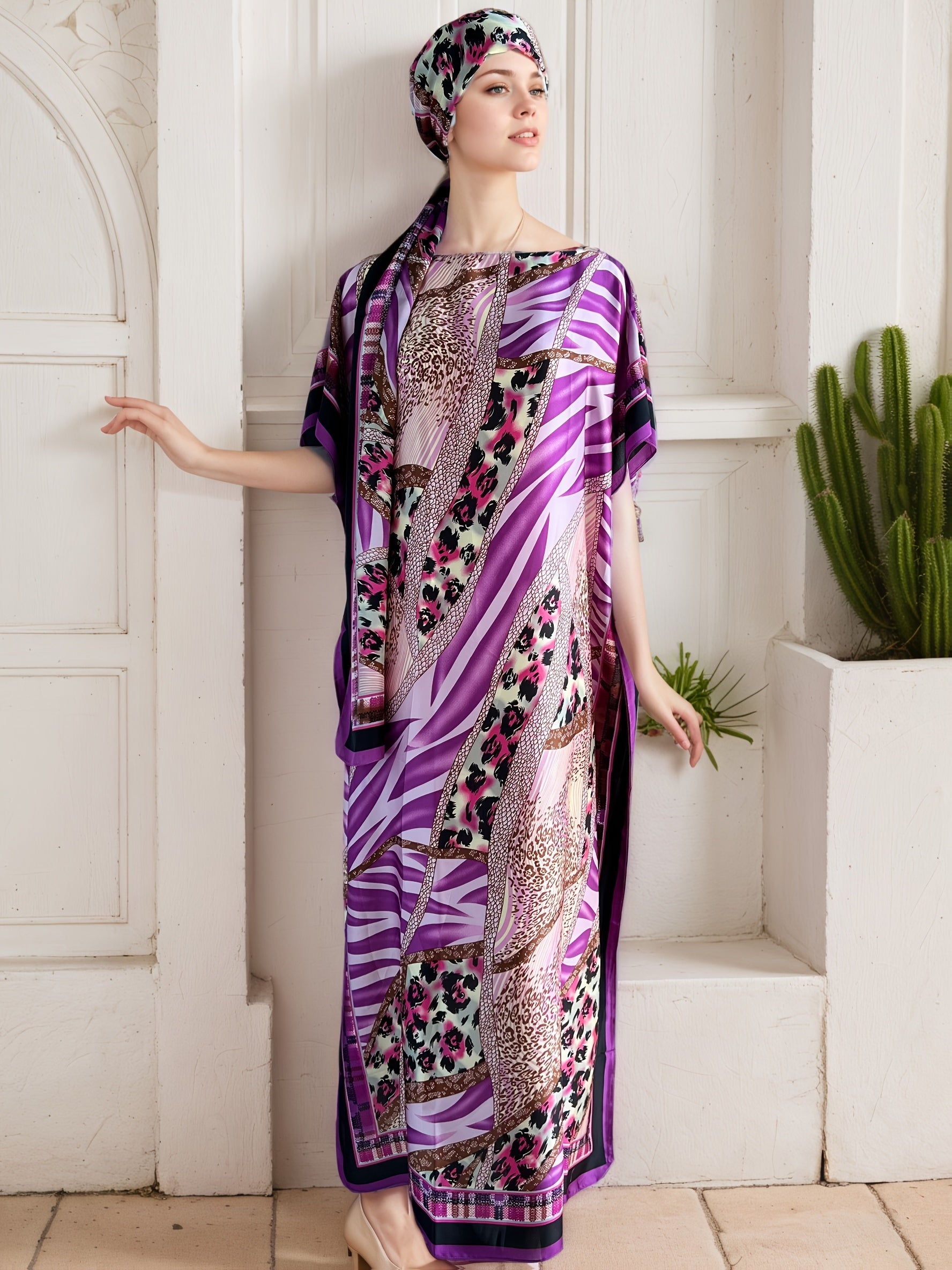 Plus Size Women's Geometric Print Long Dress with Scarf All-Season Purple Brown Pink Black