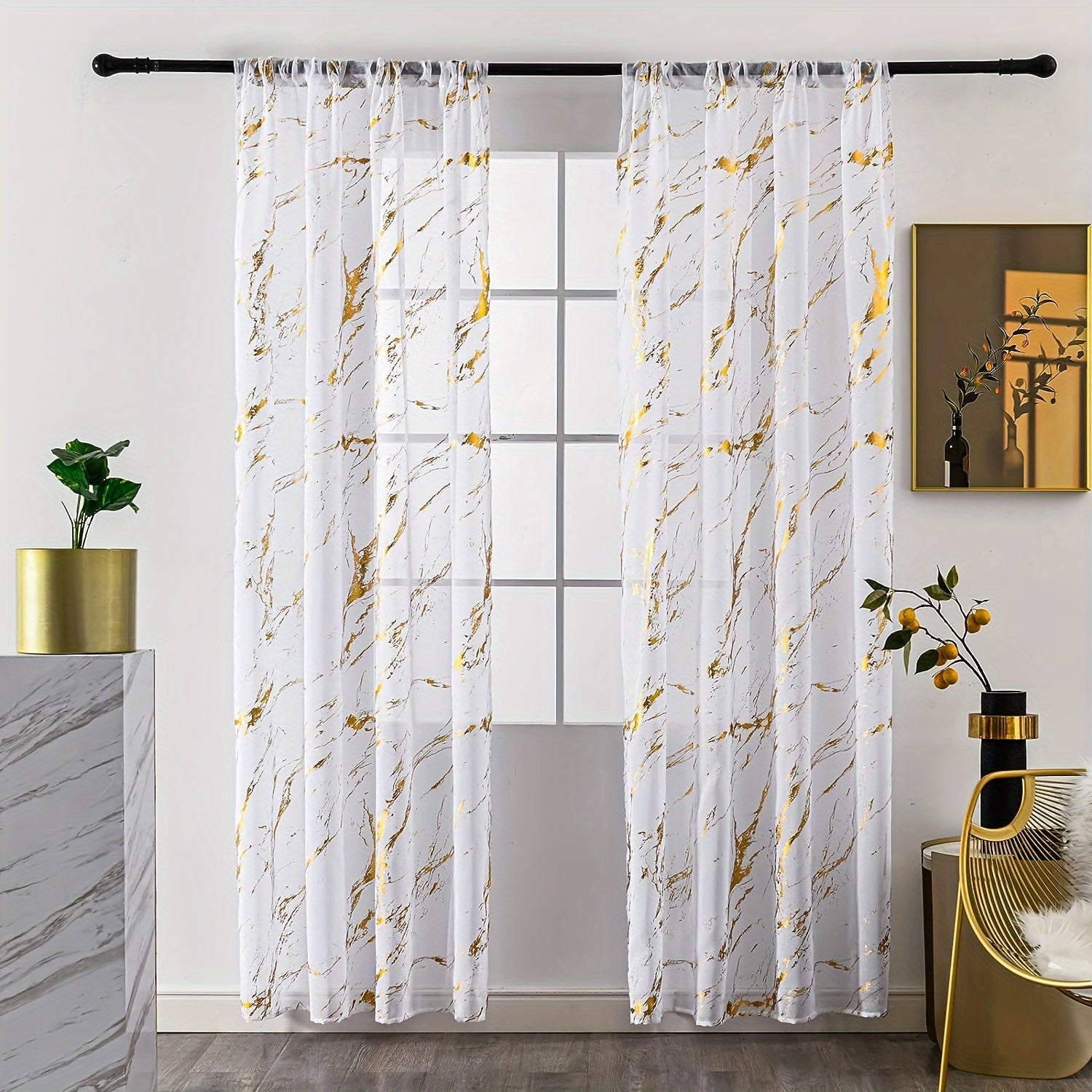 Sheer Curtains with Marble Pattern for Living Room Bedroom Office Windows