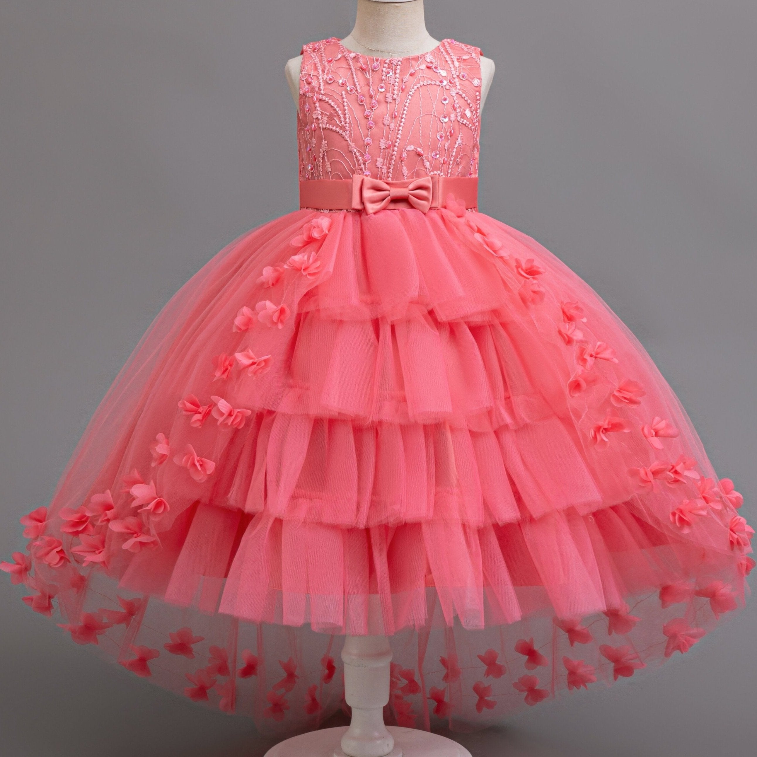 Children's Sleeveless Dress with Tiered Mesh Tutu Faux Pearls Bowknot Floral Summer