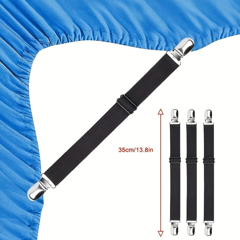 Set of 4 Black Nylon Elastic Bands with Non-Slip Grips for Bedding and Tablecloths