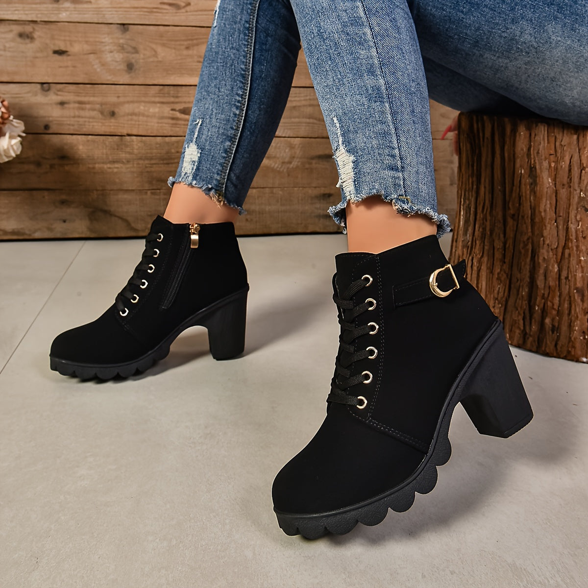 Women's Faux Cover Ankle Boots with Lace-Up, Side Zipper, Chunky Heel