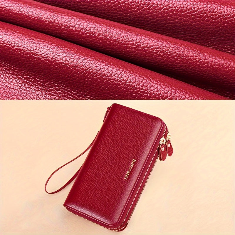 Women's Genuine Leather Wallet with Wristlet Burgundy Large Capacity Double Zip RFID Blocking