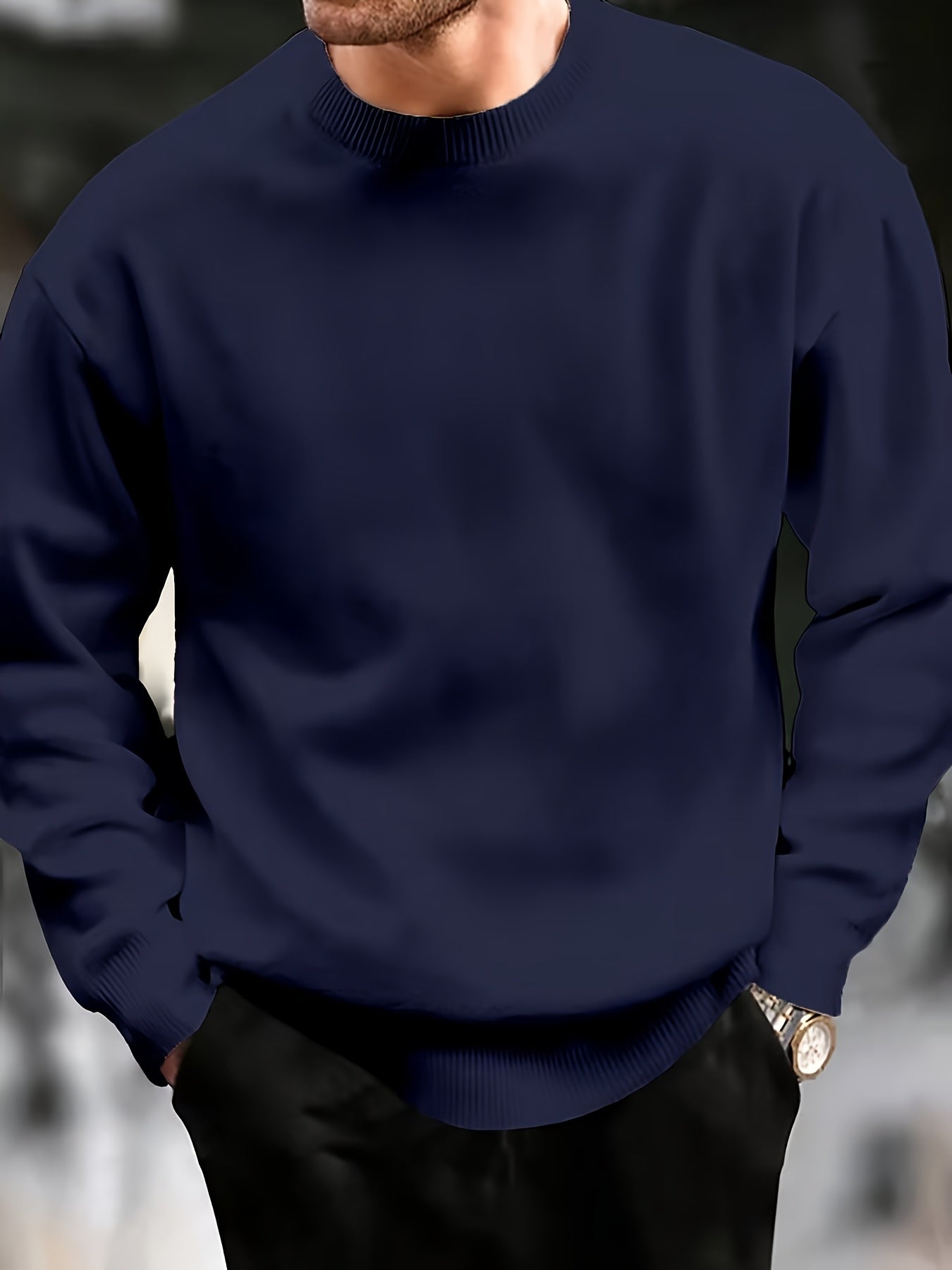 Suéter de cuello redondo con patrón geométrico para hombre, manga larga, ajuste regular, tejido de punto, para todas las estaciones