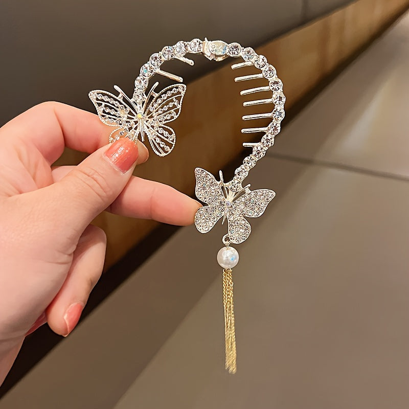 Zargarlik toshlari va marvaridlar bilan bezatilgan oltin kapalak soch qisqichi, ayollar uchun tassel ponytail ushlagichi, partiyalar uchun mukammal.