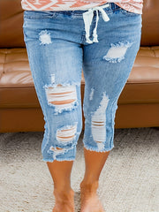 Women's Elastic Waist Cropped Jean Pants High Waist Plus Size Straight