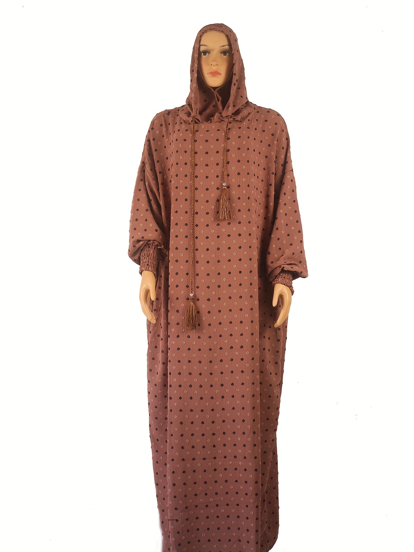 Plus Size Abaya Dress Polka Dot Hood Lantern Sleeves Long Turkish Robe